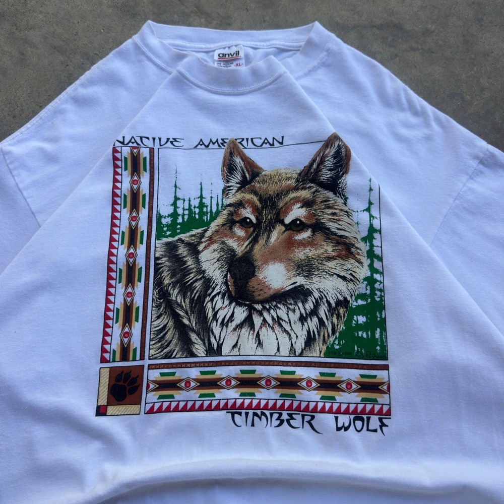 Vintage 90s Anvil Timber Wolf Native American Nature T-Shirt White XL (g2a)